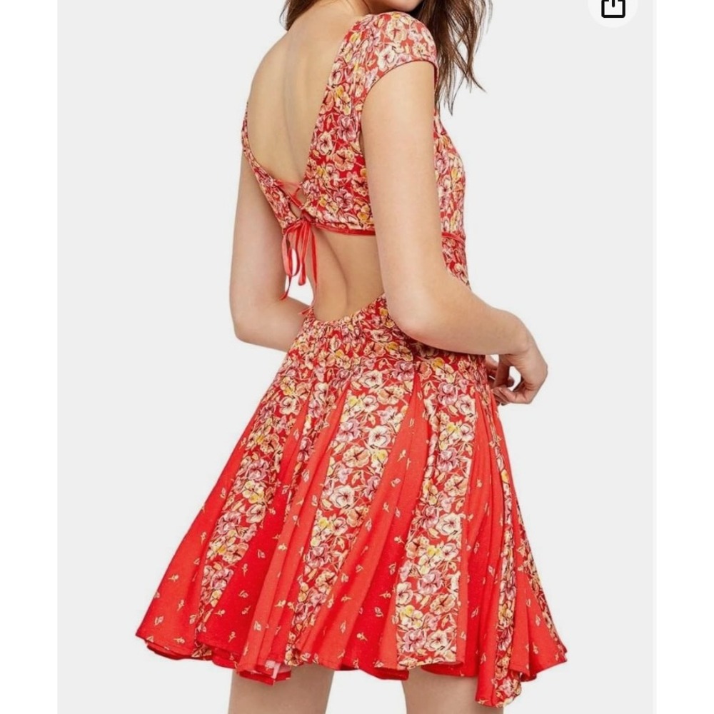 Free People Ponderosa Mini Dress Size M Red Floral Babydoll Lace Up Cut Out Back - Picture 2 of 12